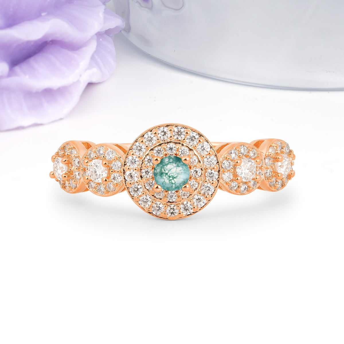 Luxurious Unique 4-Prong Round Cut Moss Agate Engagement Ring - Additional view