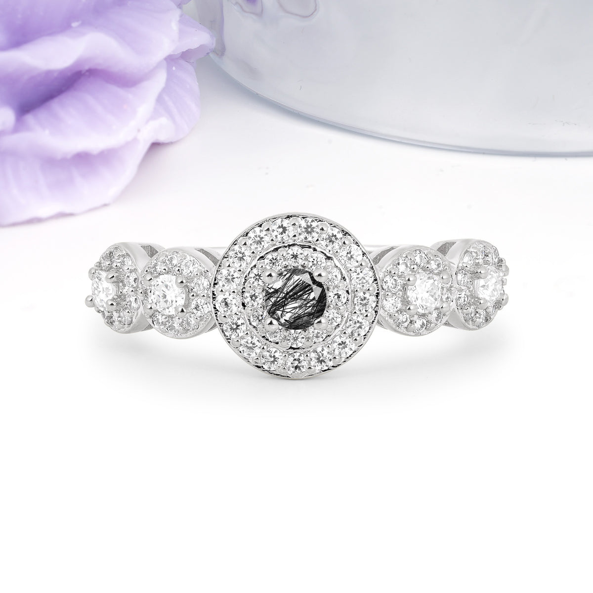Luxurious Unique 4-Prong Round Cut Black Rutilated Quartz Engagement Ring - Additional view