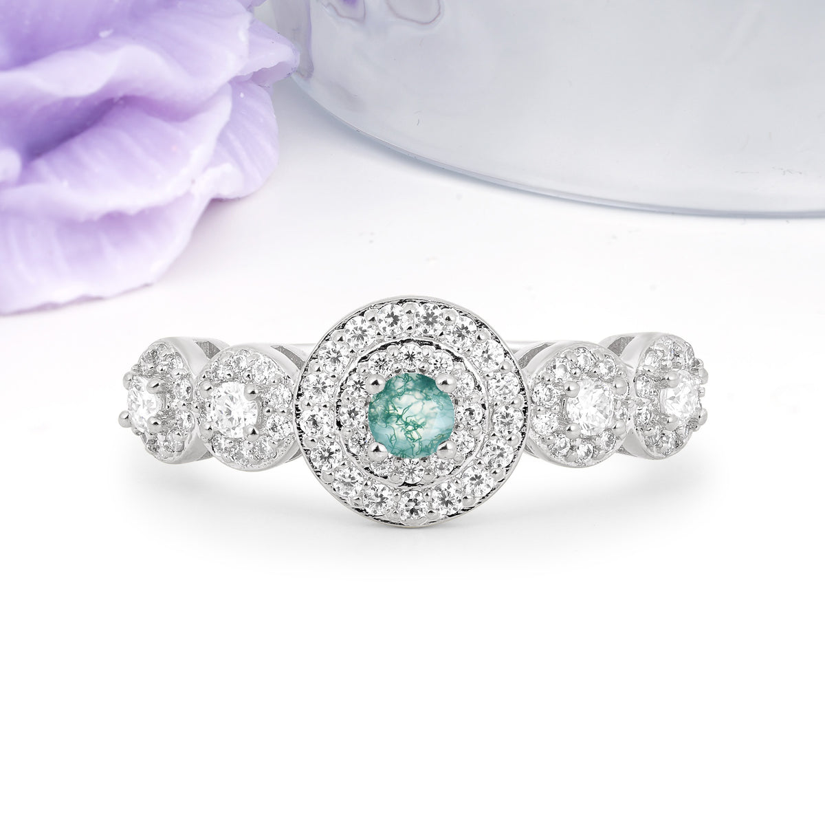 Luxurious Unique 4-Prong Round Cut Moss Agate Engagement Ring - Additional view