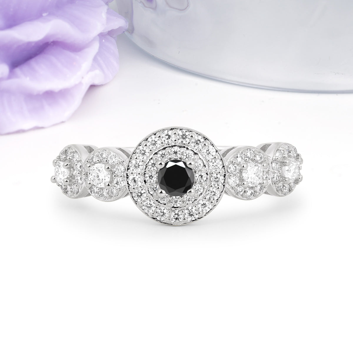 Luxurious Unique 4-Prong Round Cut Black Onyx Engagement Ring - Additional view