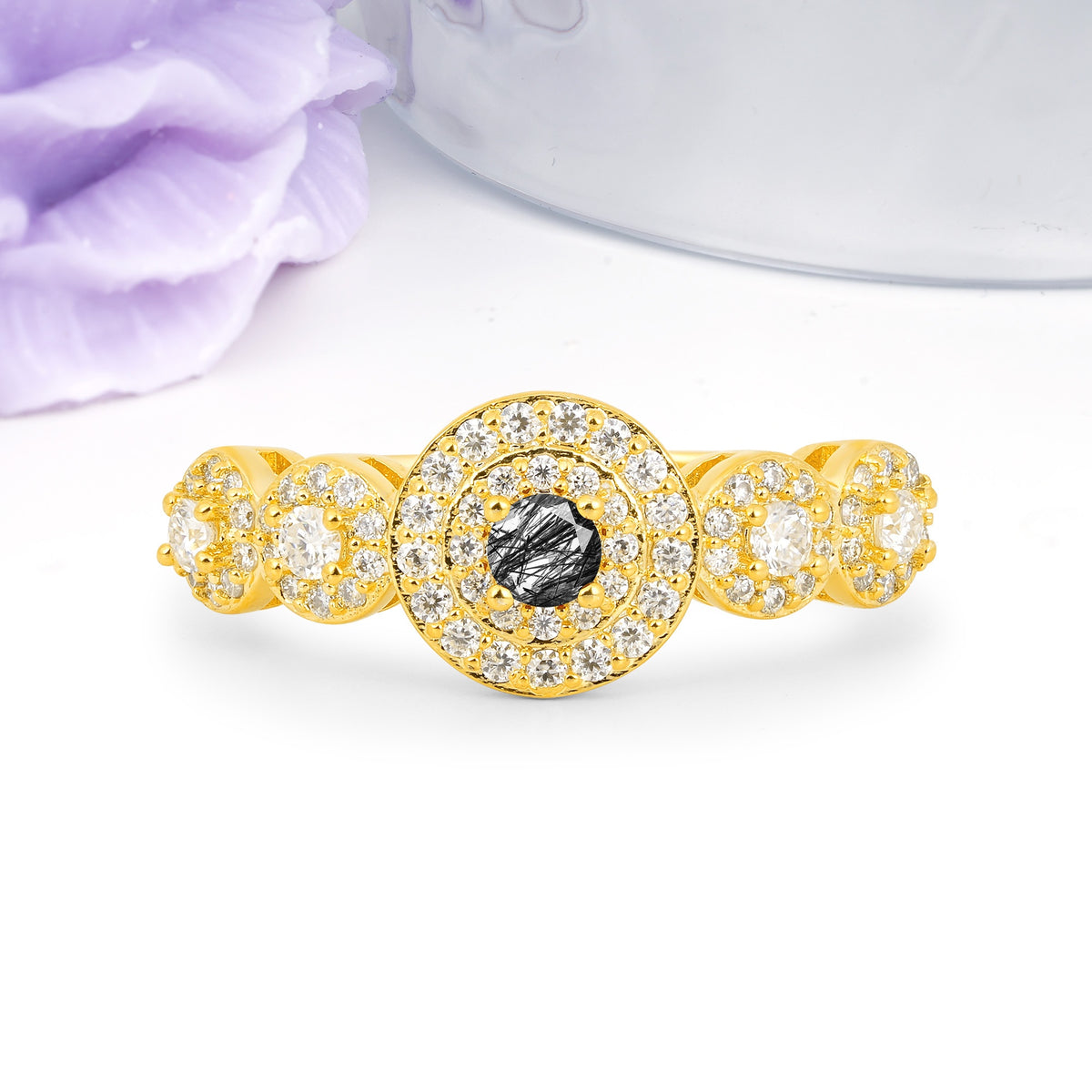 Luxurious Unique 4-Prong Round Cut Black Rutilated Quartz Engagement Ring - Additional view