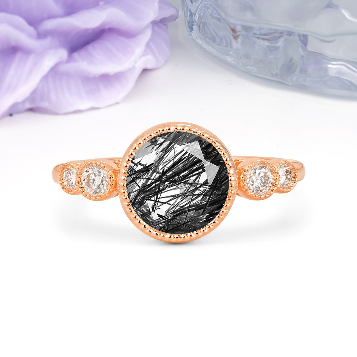 Classic Luxury Inset Round Cut Black Rutilated Quartz Engagement Ring - Additional view