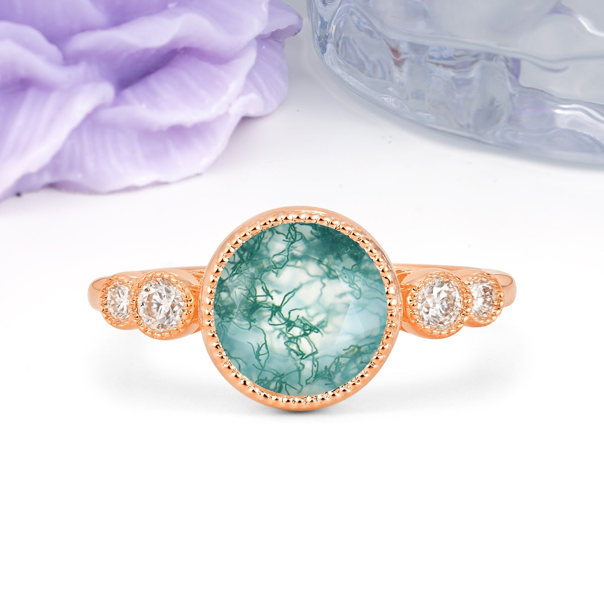 Classic Luxury Inset Round Cut Moss Agate Engagement Ring - Additional view