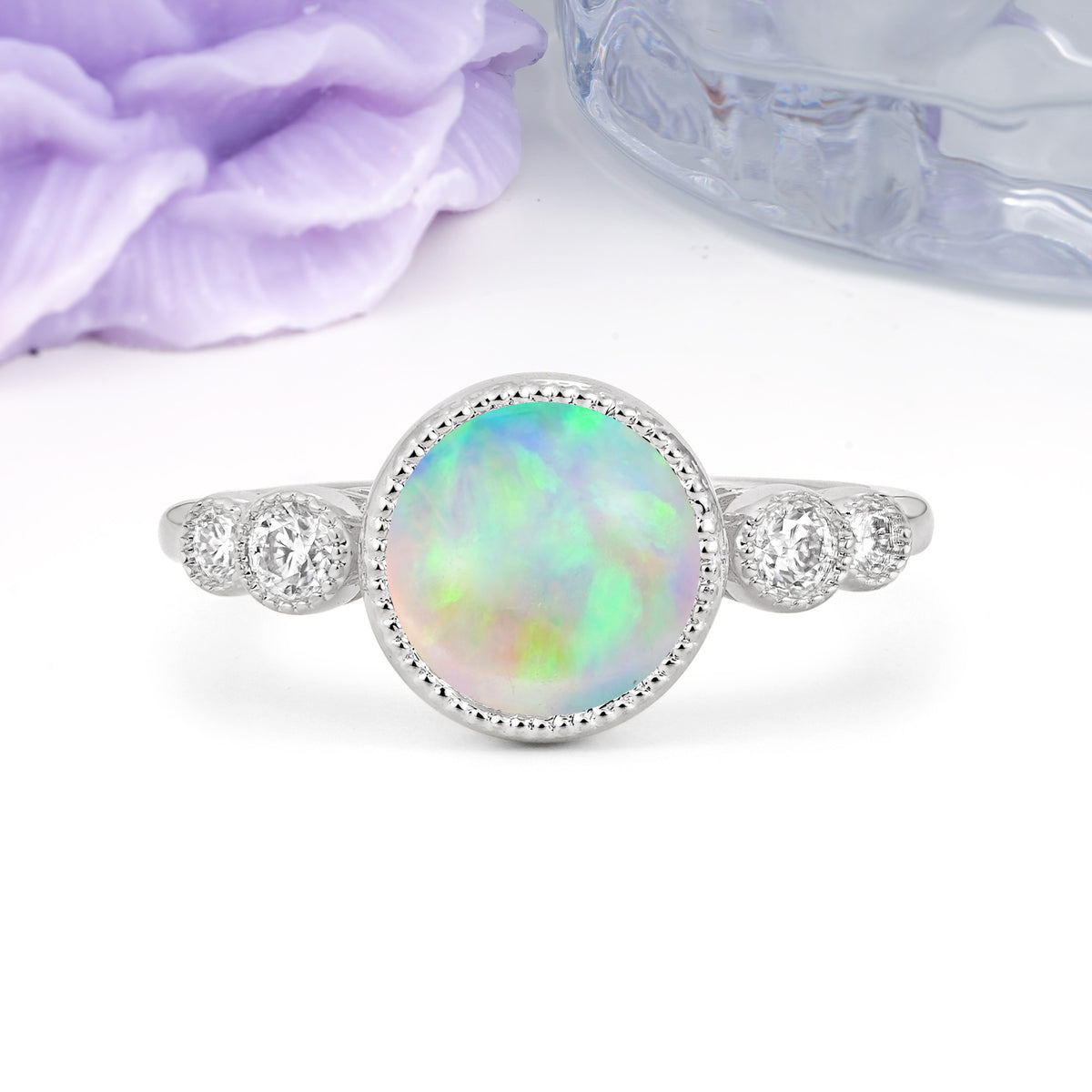 Classic Luxury Inset Round Cut Fire Opal Engagement Ring - Additional view