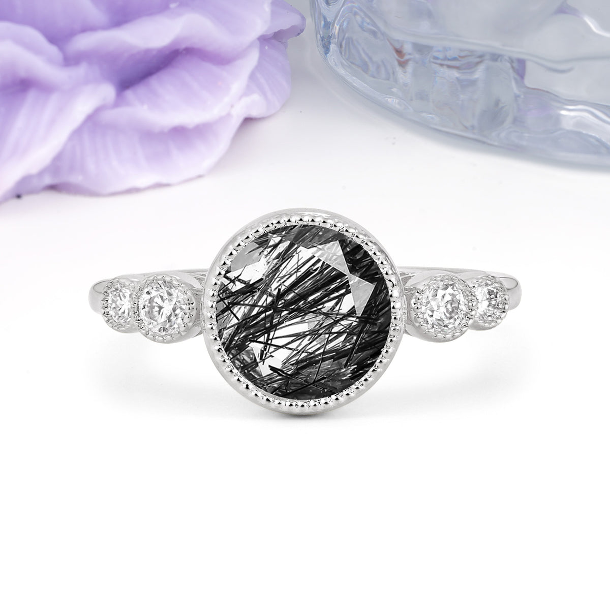Classic Luxury Inset Round Cut Black Rutilated Quartz Engagement Ring - Additional view