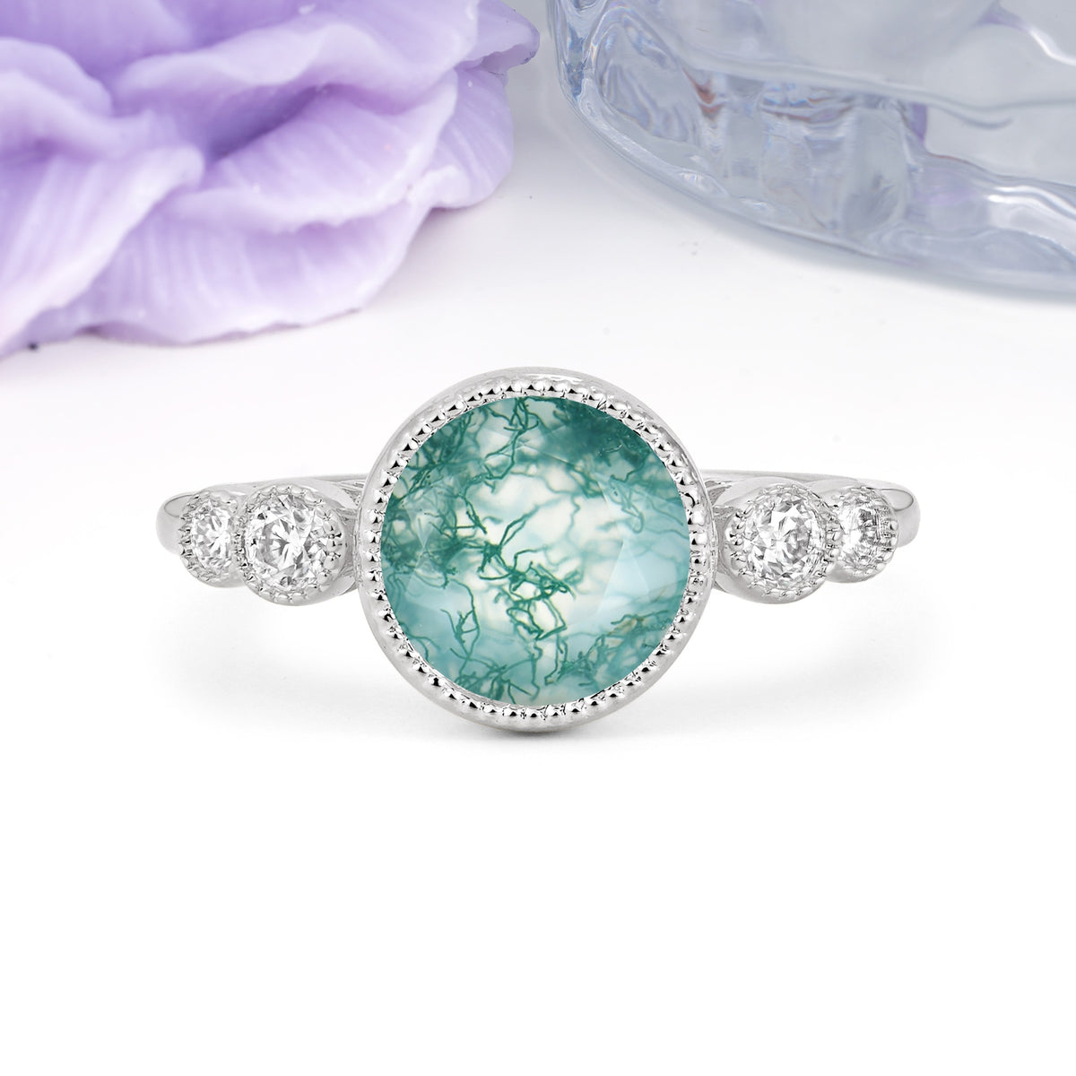 Classic Luxury Inset Round Cut Moss Agate Engagement Ring - Additional view