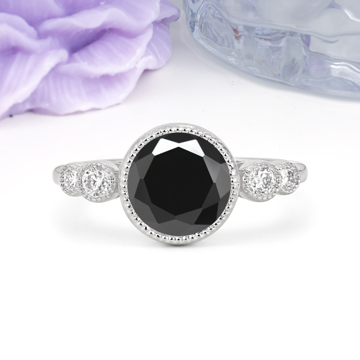 Classic Luxury Inset Round Cut Black Onyx Engagement Ring - Additional view