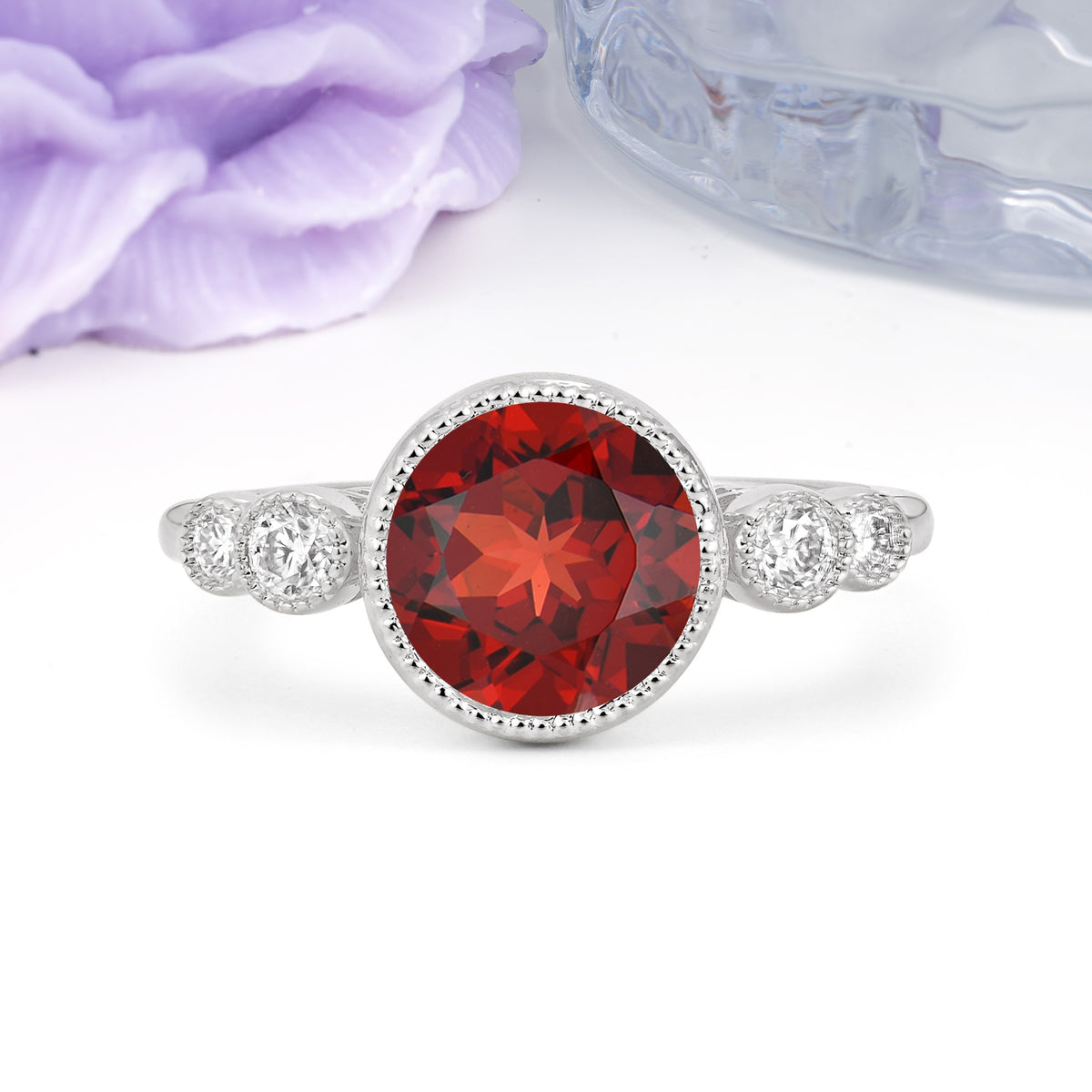 Classic Luxury Inset Round Cut Garnet Engagement Ring - Additional view