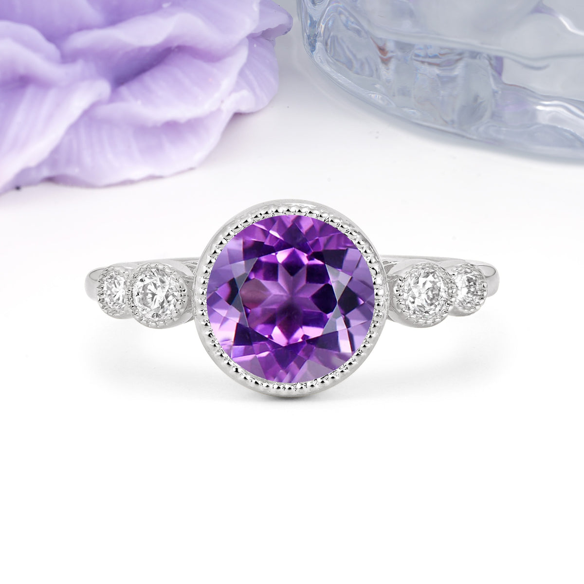 Classic Luxury Inset Round Cut Amethyst Engagement Ring - Additional view