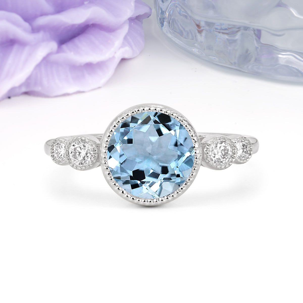 Classic Luxury Inset Round Cut Aquamarine Engagement Ring - Additional view