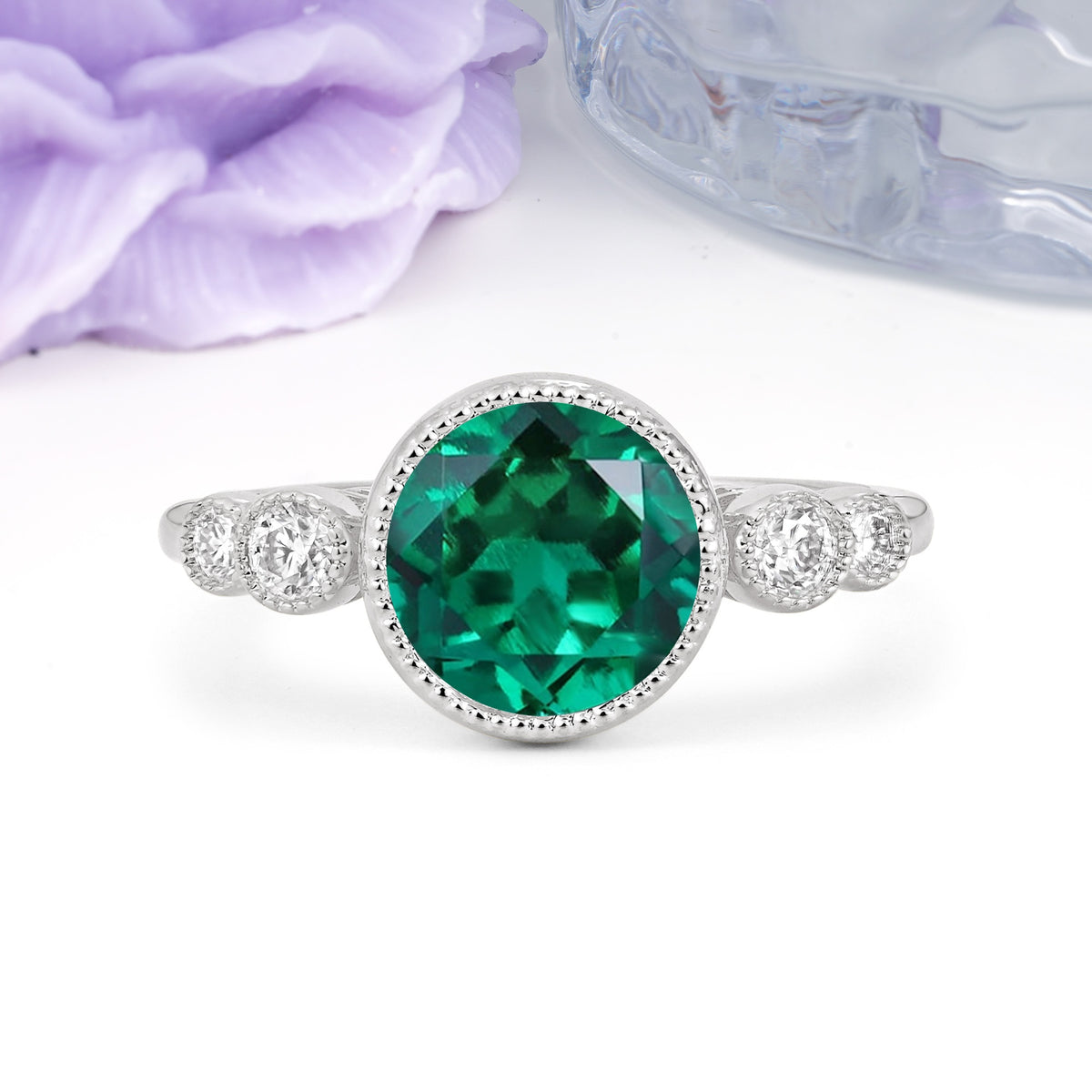 Classic Luxury Inset Round Cut Emerald Engagement Ring - Additional view