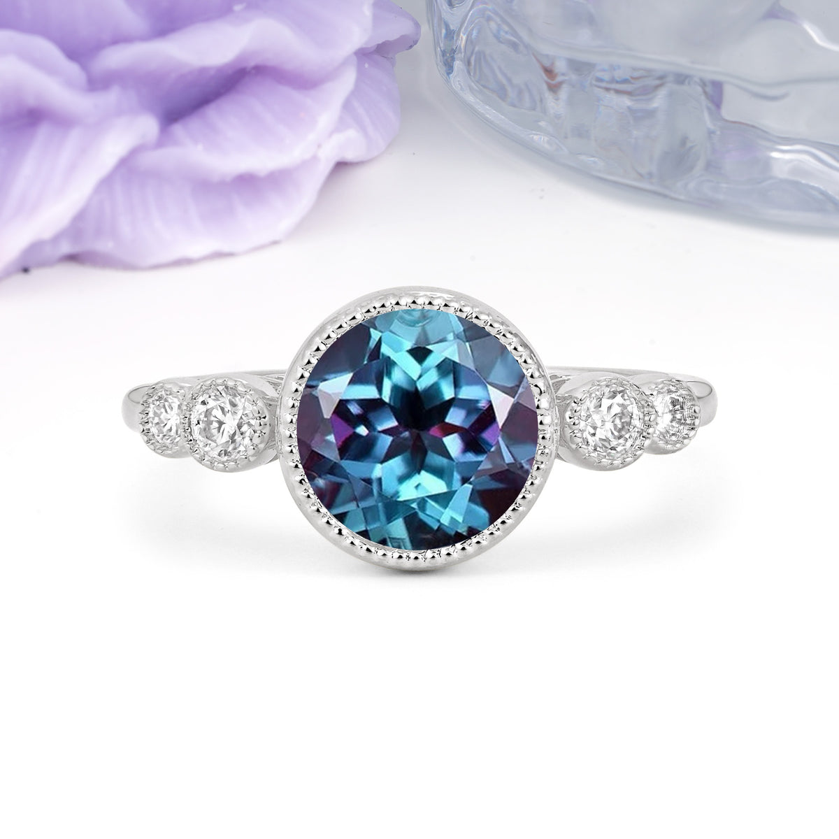 Classic Luxury Inset Round Cut Alexandrite Engagement Ring - Additional view