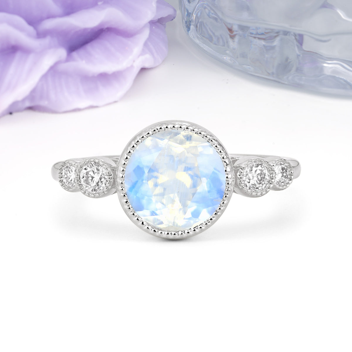 Classic Luxury Inset Round Cut Moonstone Engagement Ring - Additional view