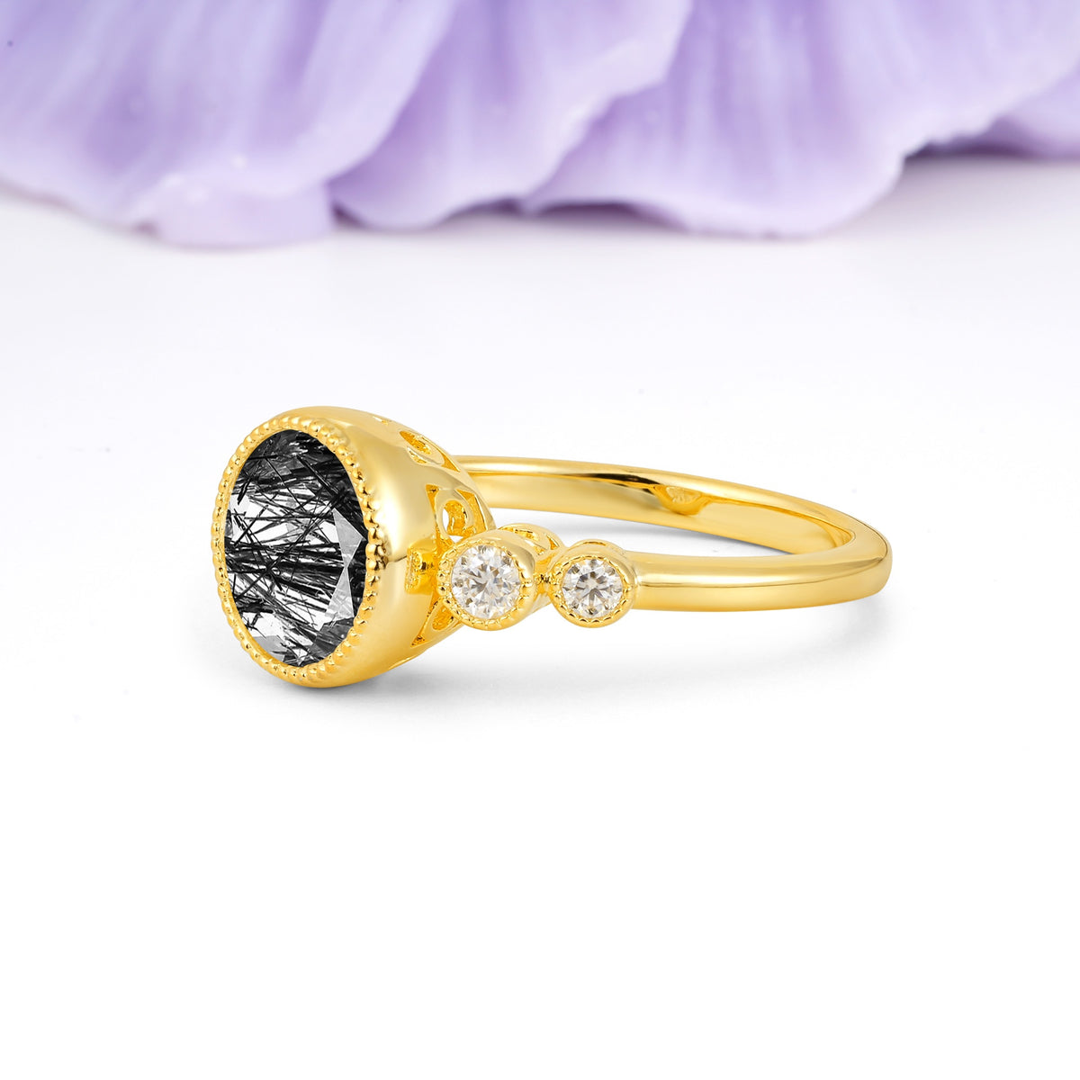 Classic Luxury Inset Round Cut Black Rutilated Quartz Engagement Ring - Additional view