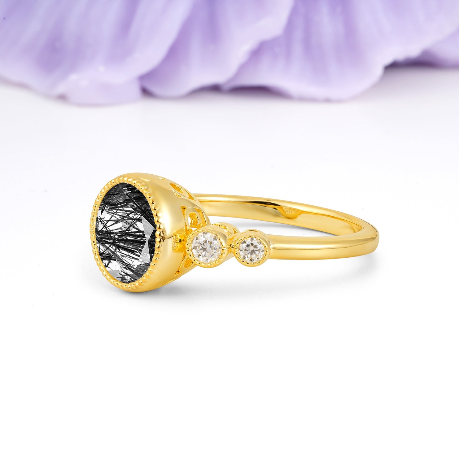 Classic Luxury Inset Round Cut Black Rutilated Quartz Engagement Ring - Additional view