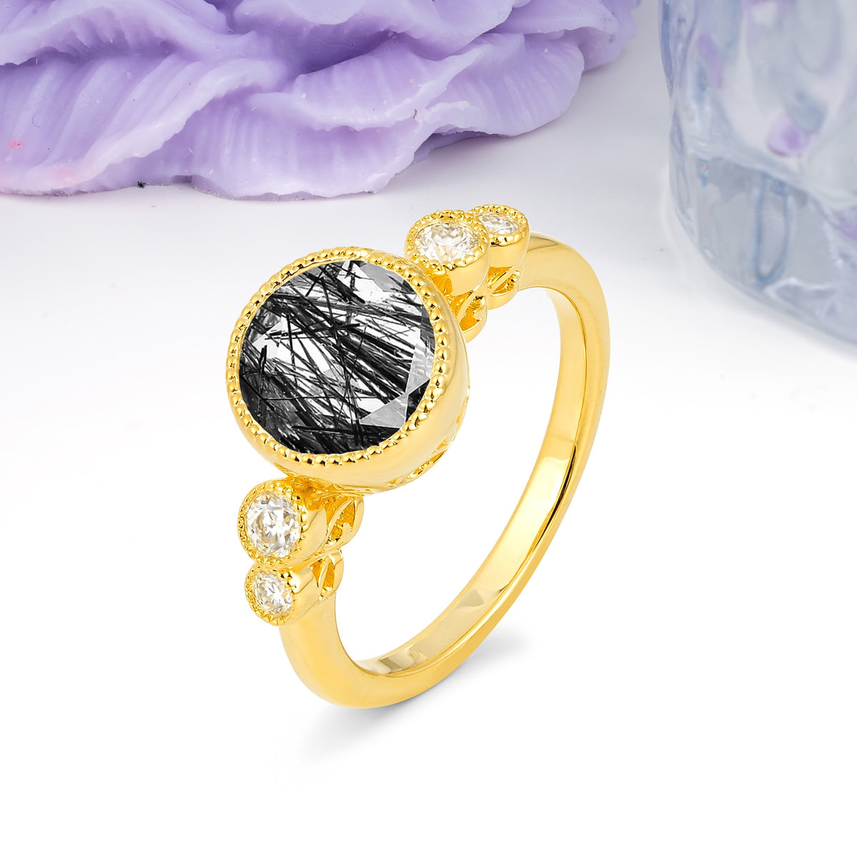 Classic Luxury Inset Round Cut Black Rutilated Quartz Engagement Ring - Additional view