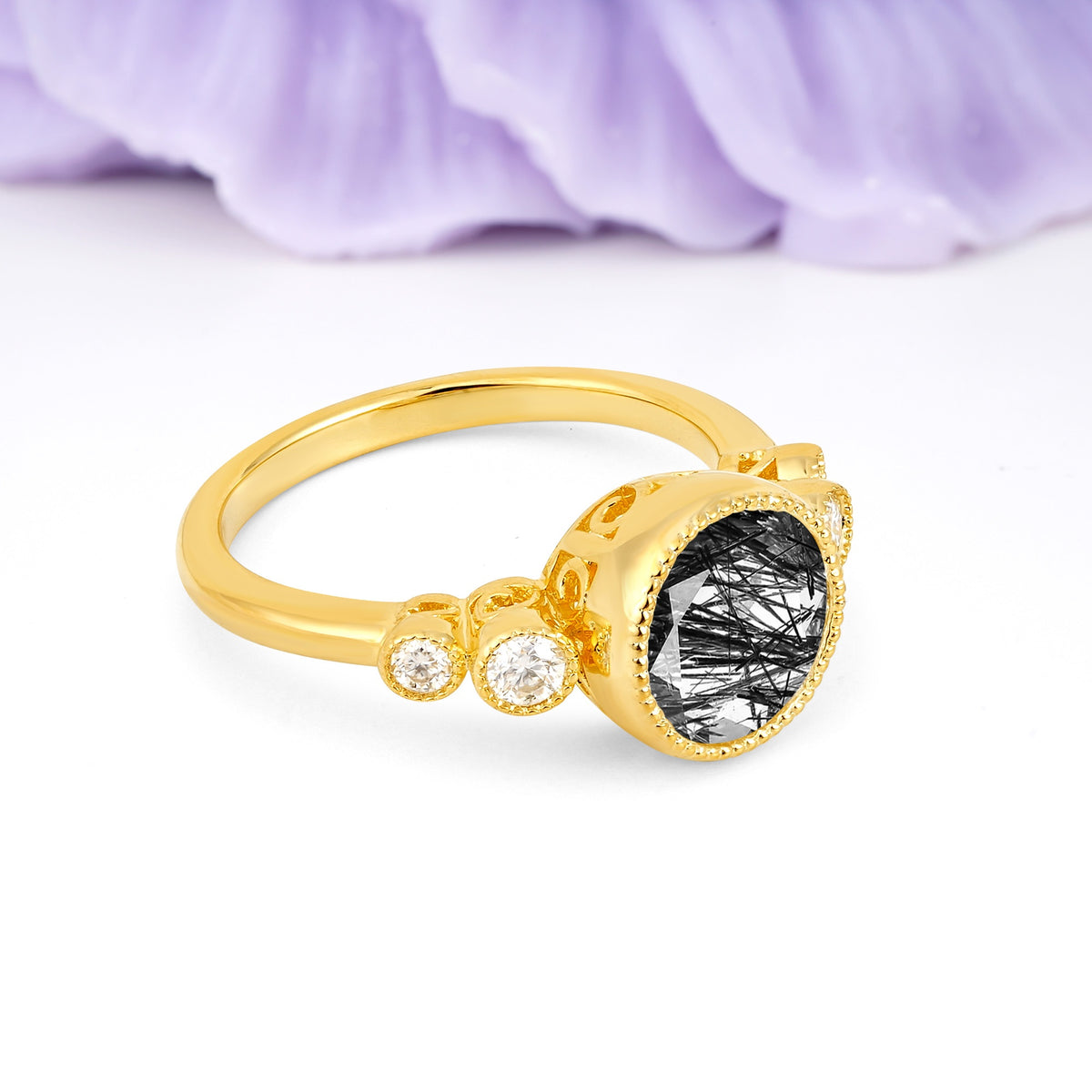 Classic Luxury Inset Round Cut Black Rutilated Quartz Engagement Ring - Additional view