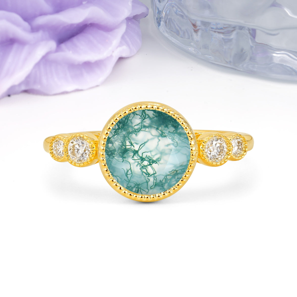 Classic Luxury Inset Round Cut Moss Agate Engagement Ring - Additional view