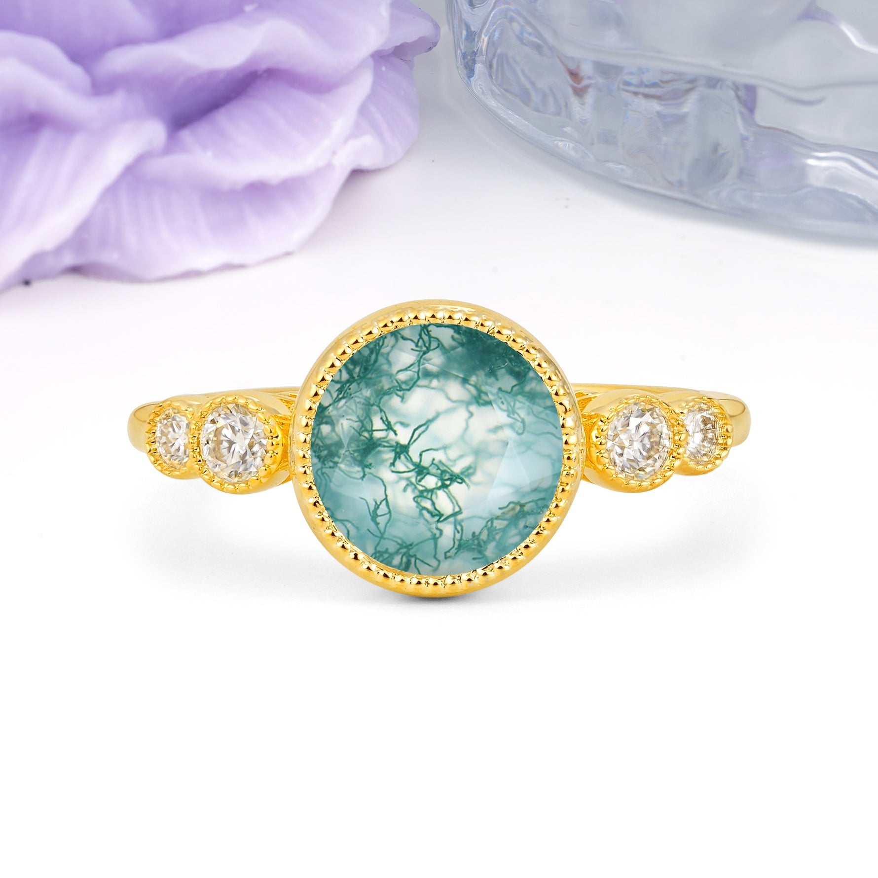 Classic Luxury Inset Round Cut Moss Agate Engagement Ring - Additional view