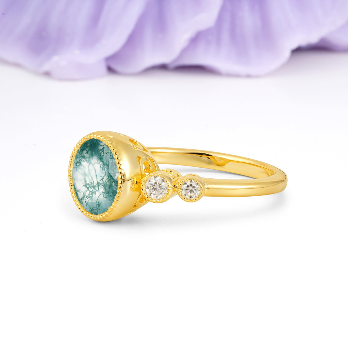 Classic Luxury Inset Round Cut Moss Agate Engagement Ring - Additional view