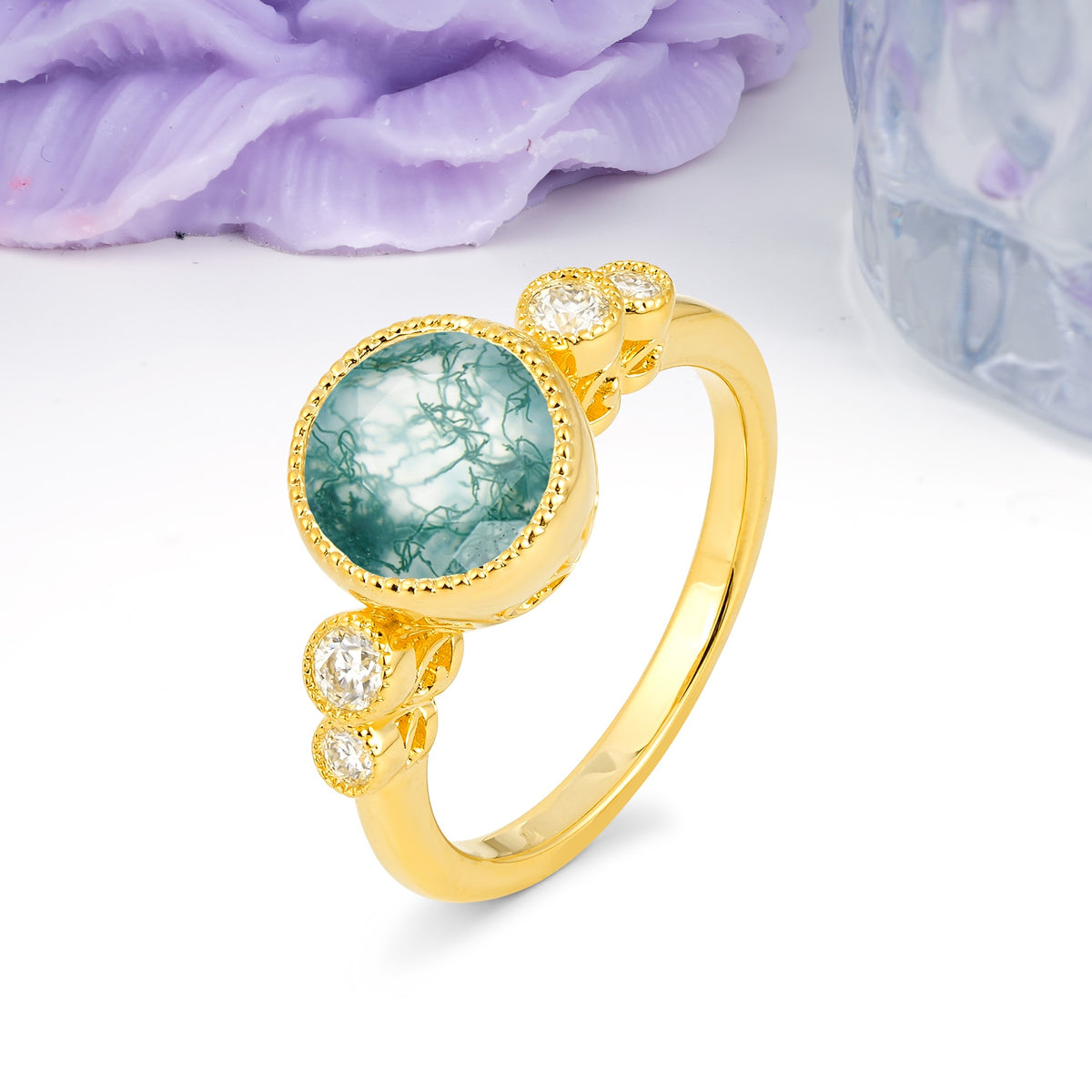 Classic Luxury Inset Round Cut Moss Agate Engagement Ring - Additional view
