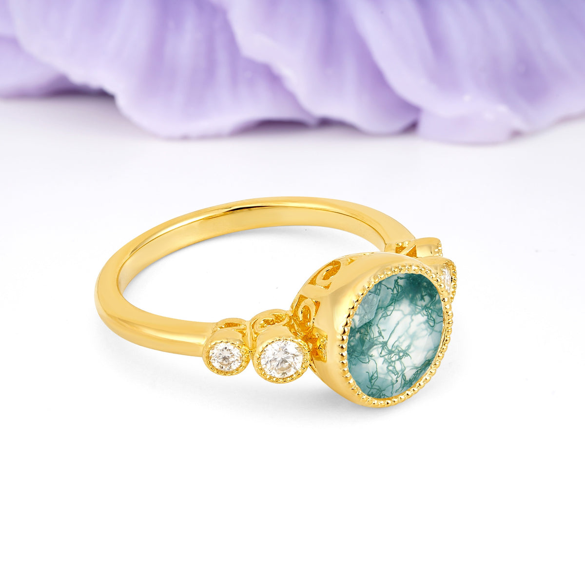 Classic Luxury Inset Round Cut Moss Agate Engagement Ring - Additional view
