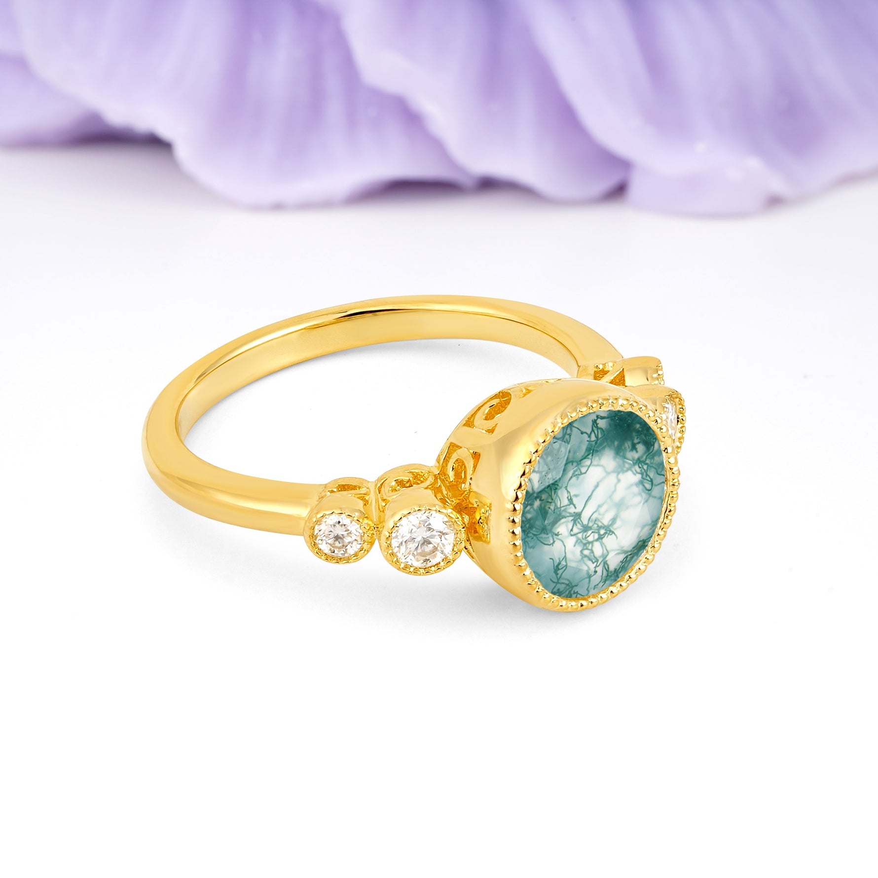 Classic Luxury Inset Round Cut Moss Agate Engagement Ring - Additional view