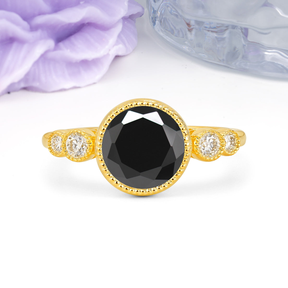 Classic Luxury Inset Round Cut Black Onyx Engagement Ring - Additional view