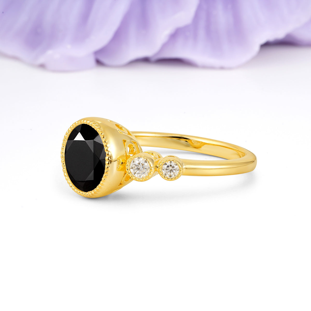 Classic Luxury Inset Round Cut Black Onyx Engagement Ring - Additional view