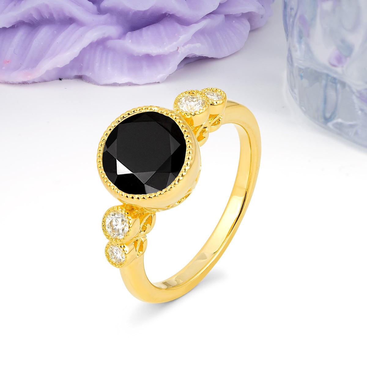 Classic Luxury Inset Round Cut Black Onyx Engagement Ring - Additional view