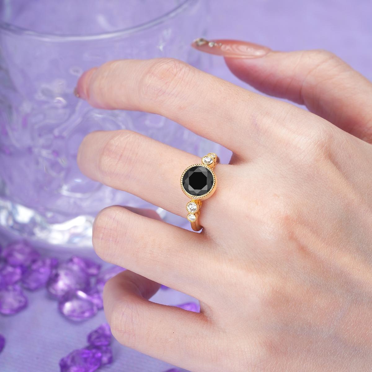 Classic Luxury Inset Round Cut Black Onyx Engagement Ring