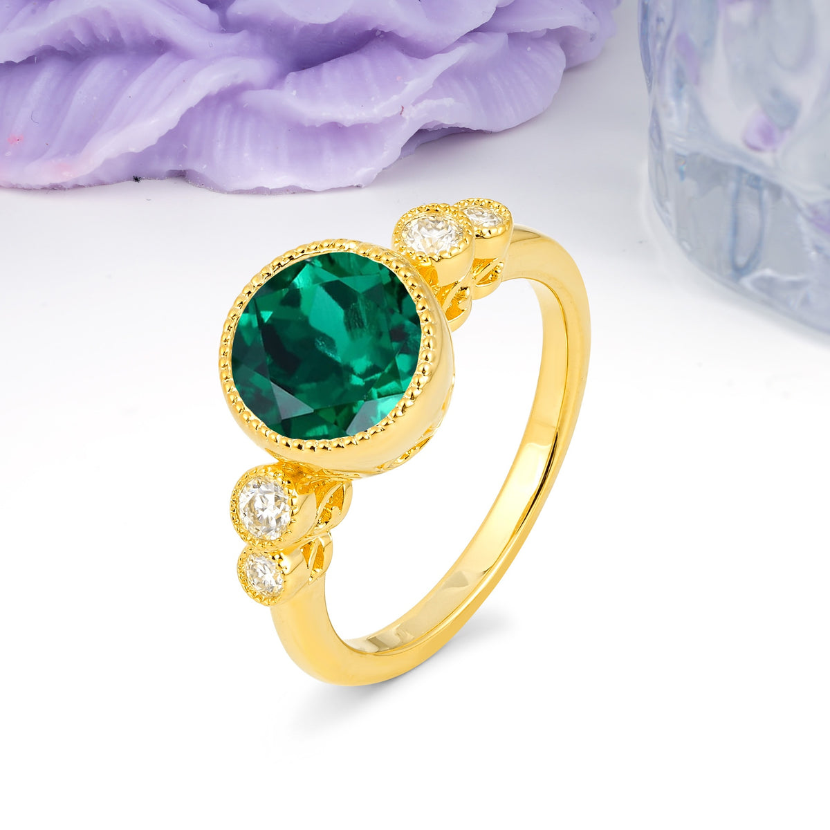 Classic Luxury Inset Round Cut Emerald Engagement Ring - Additional view