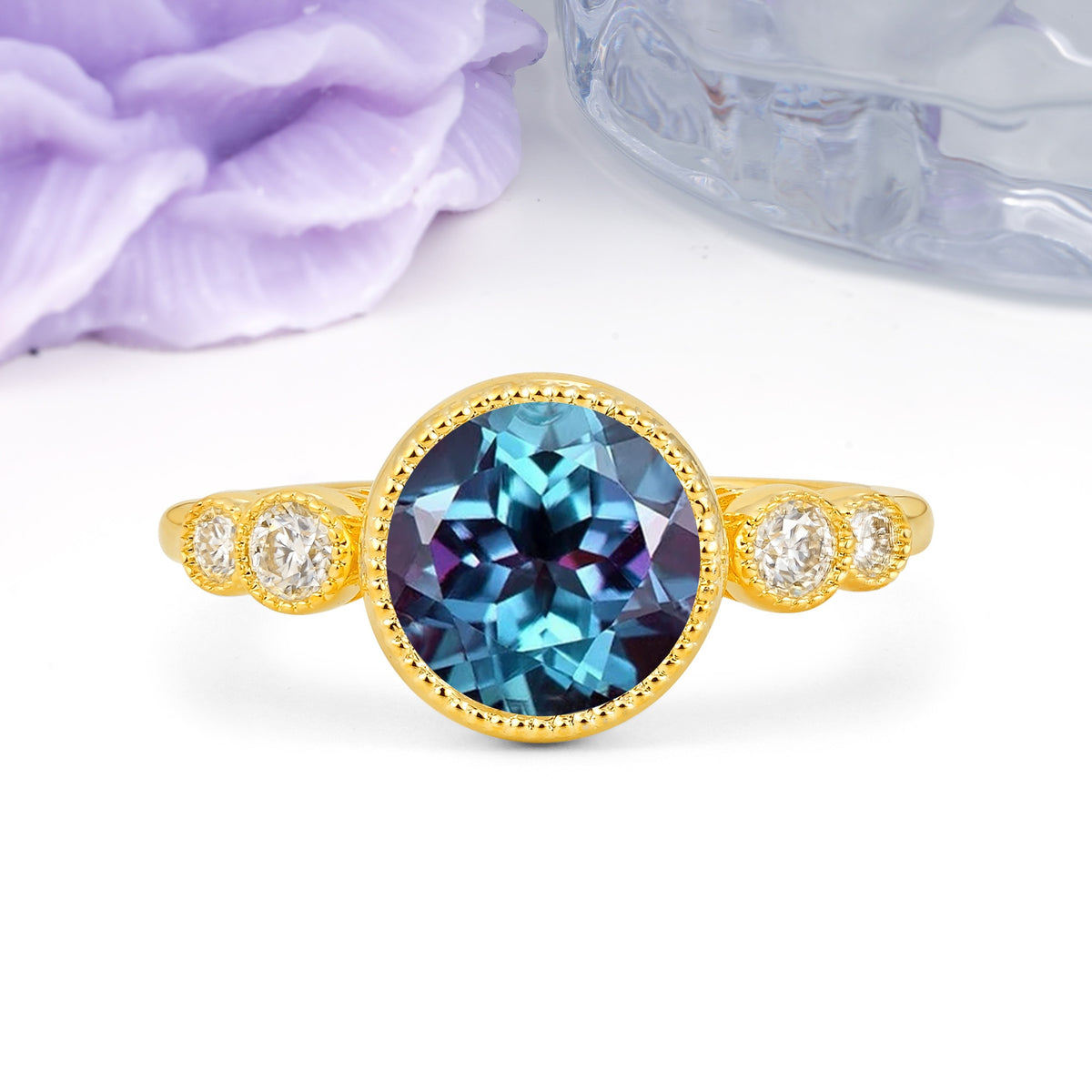 Classic Luxury Inset Round Cut Alexandrite Engagement Ring - Additional view