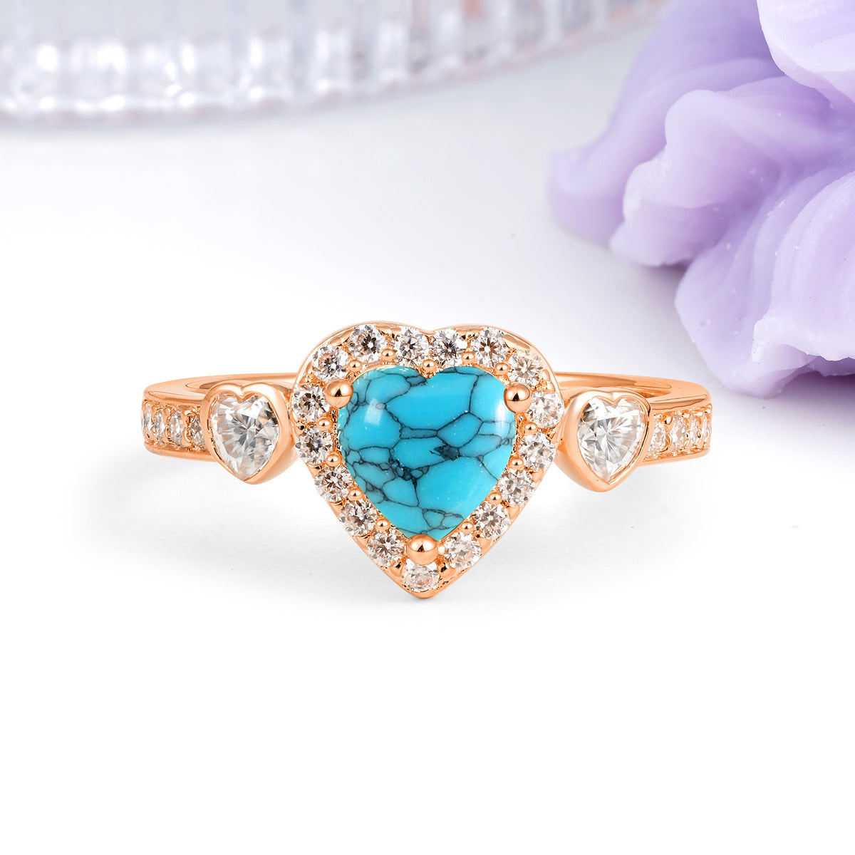 Luxurious 3 Prong Heart Cut Turquoise Engagement Ring - Additional view