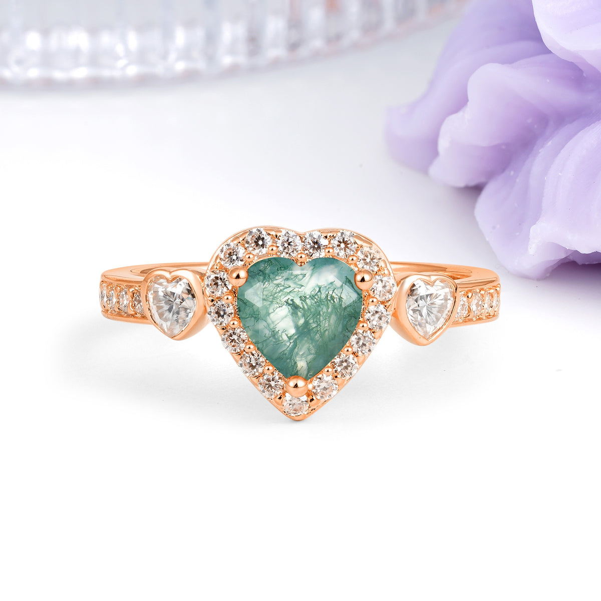 Luxurious 3 Prong Heart Cut Moss Agate Engagement Ring - Additional view