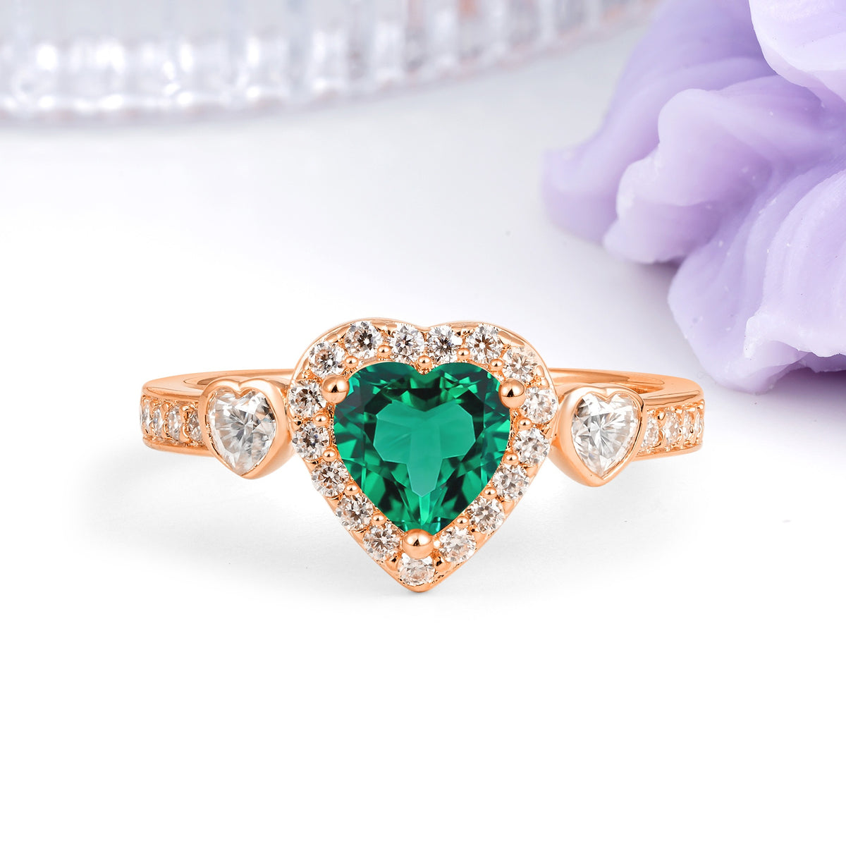Luxurious 3 Prong Heart Cut Emerald Engagement Ring - Additional view