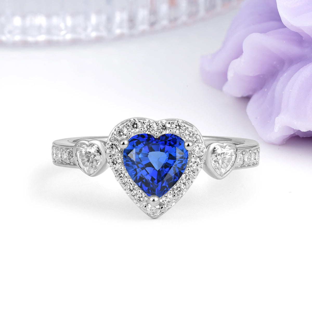 Luxurious 3 Prong Heart Cut Sapphire Engagement Ring - Additional view