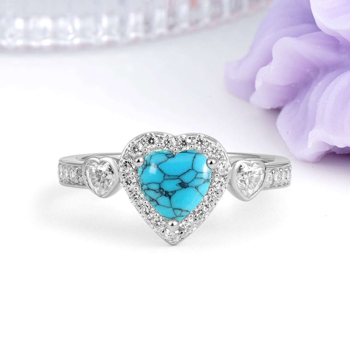 Luxurious 3 Prong Heart Cut Turquoise Engagement Ring - Additional view