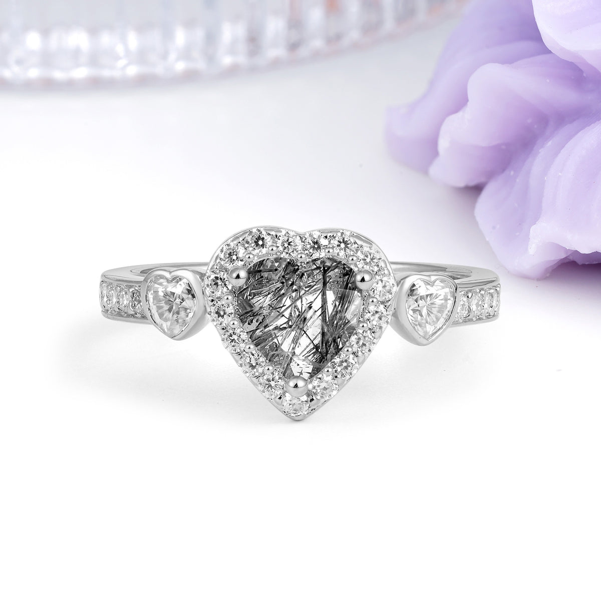 Luxurious 3 Prong Heart Cut Black Rutilated Quartz Engagement Ring - Additional view