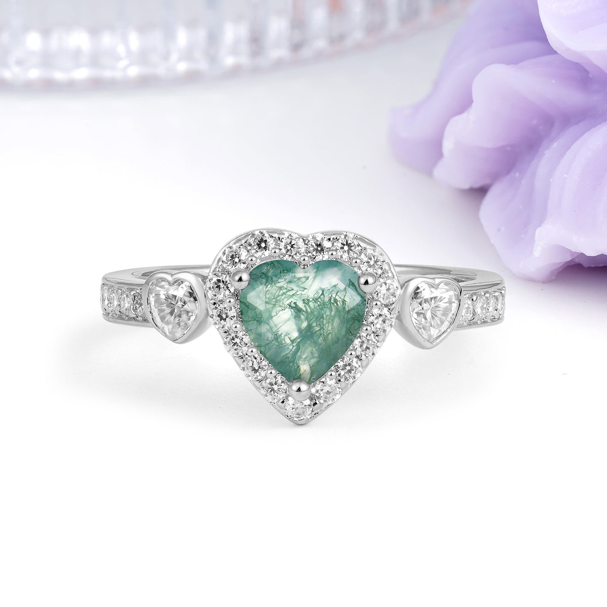 Luxurious 3 Prong Heart Cut Moss Agate Engagement Ring - Additional view