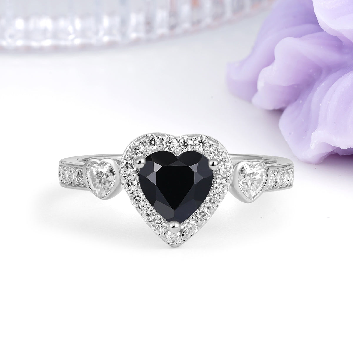 Luxurious 3 Prong Heart Cut Black Onyx Engagement Ring - Additional view