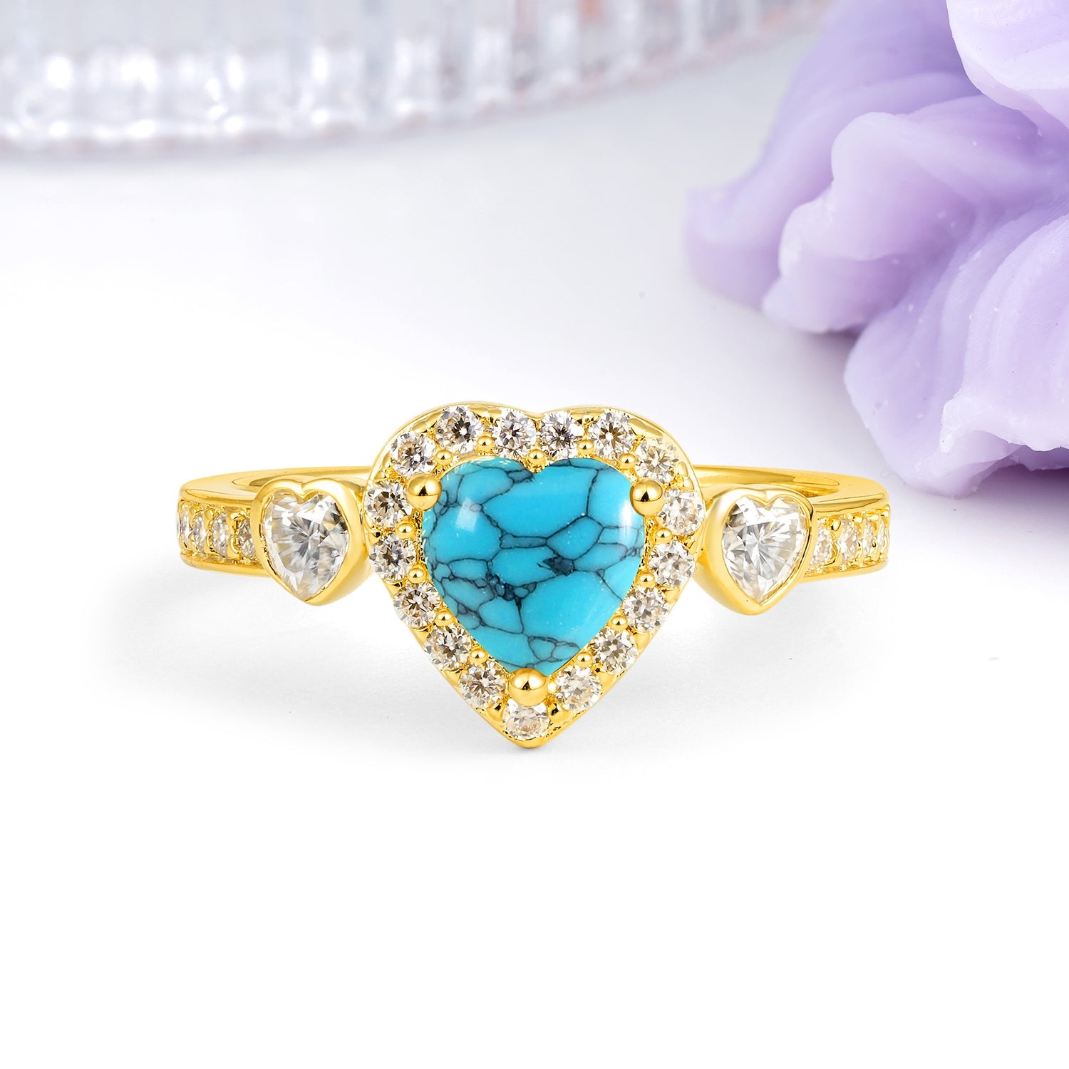 Luxurious 3 Prong Heart Cut Turquoise Engagement Ring - Additional view