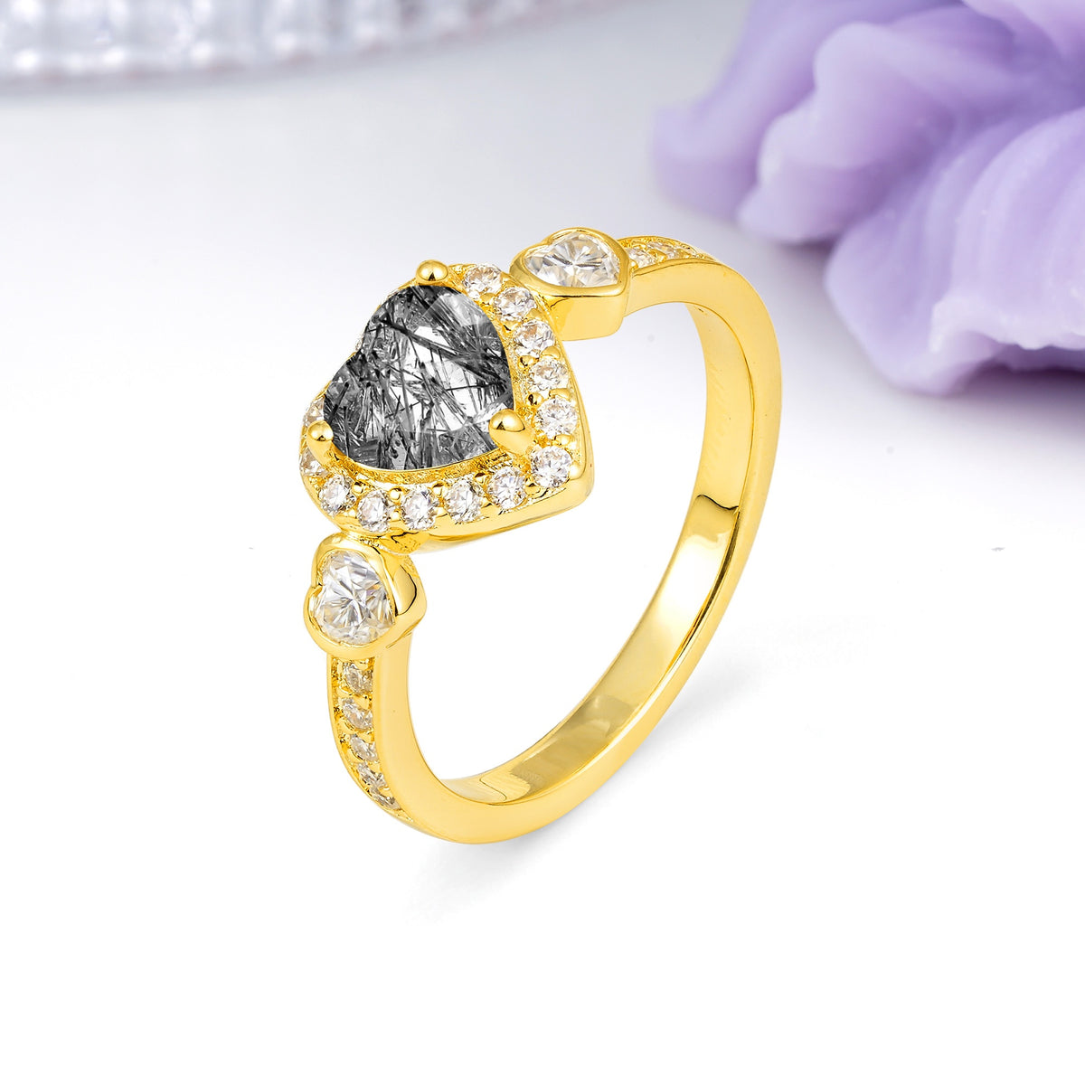 Luxurious 3 Prong Heart Cut Black Rutilated Quartz Engagement Ring - Additional view