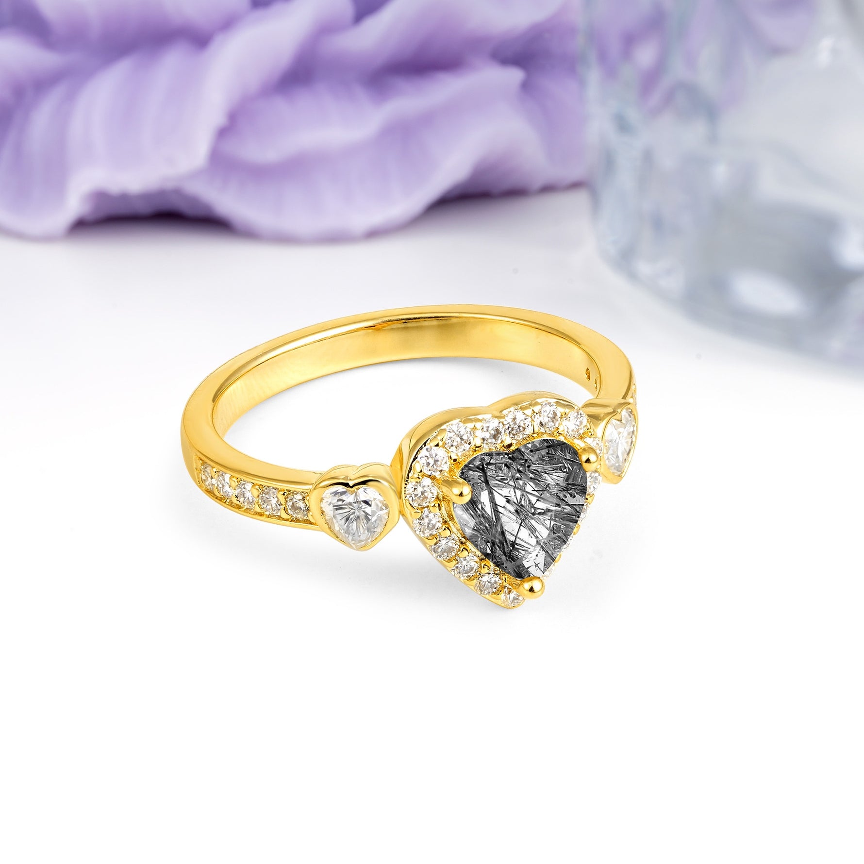 Luxurious 3 Prong Heart Cut Black Rutilated Quartz Engagement Ring - Additional view