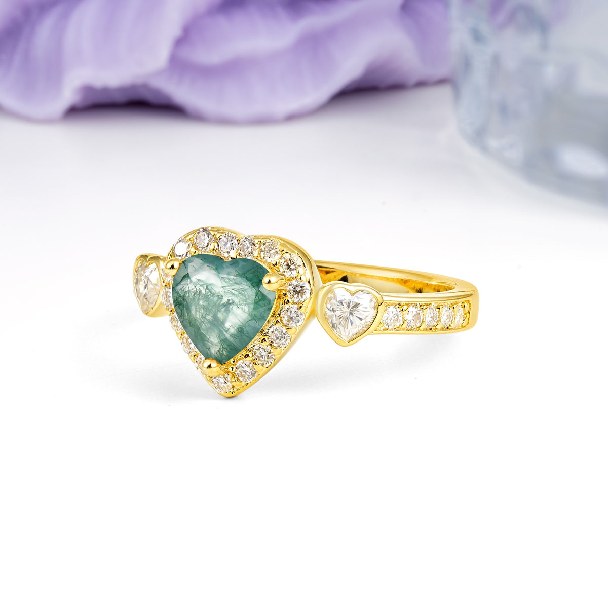 Luxurious 3 Prong Heart Cut Moss Agate Engagement Ring - Additional view