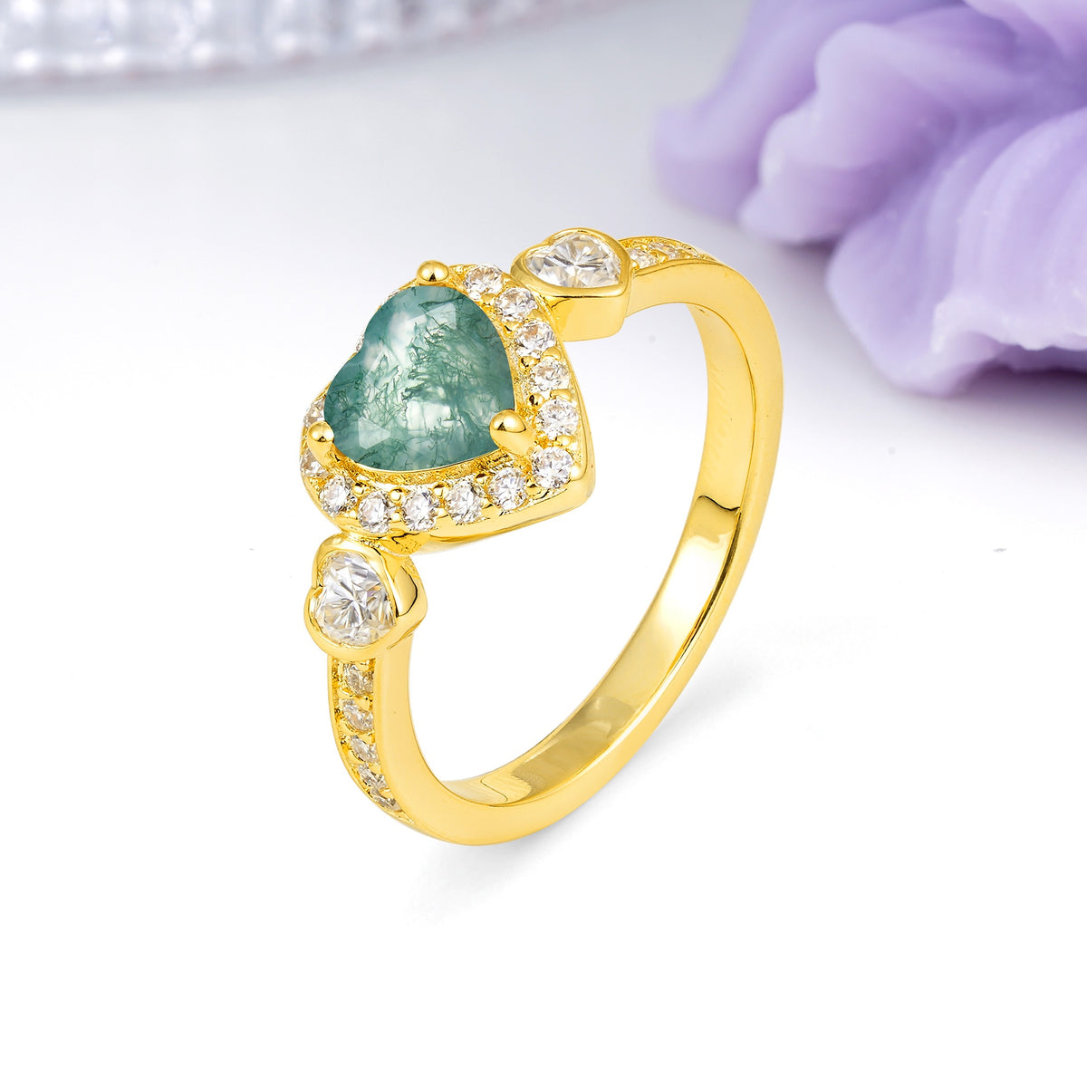Luxurious 3 Prong Heart Cut Moss Agate Engagement Ring - Additional view