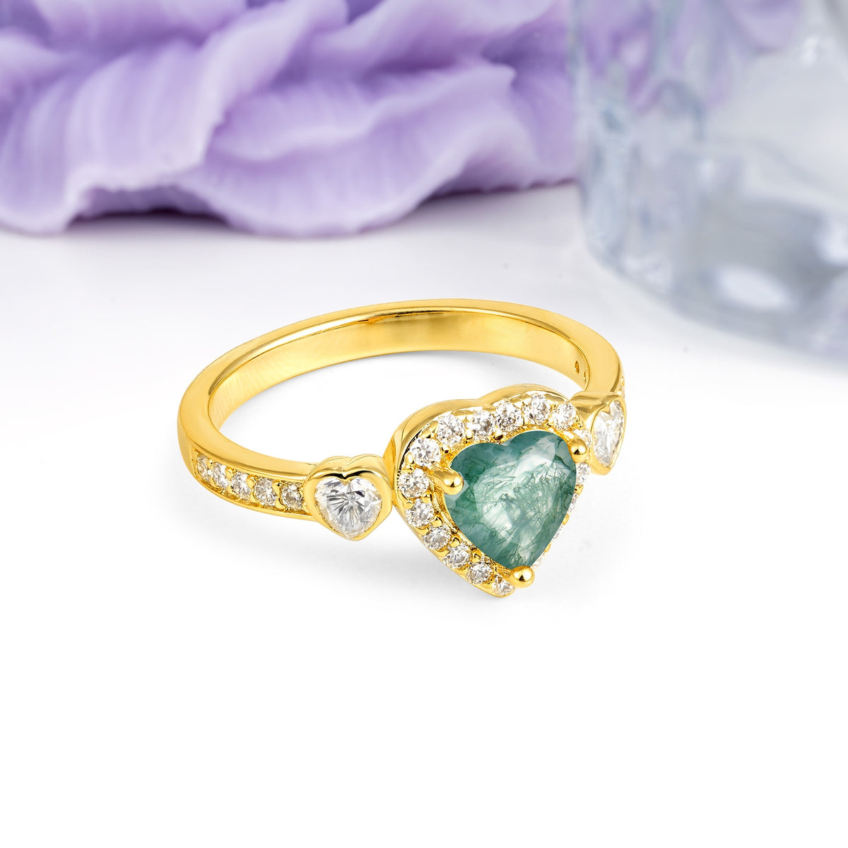 Luxurious 3 Prong Heart Cut Moss Agate Engagement Ring - Additional view