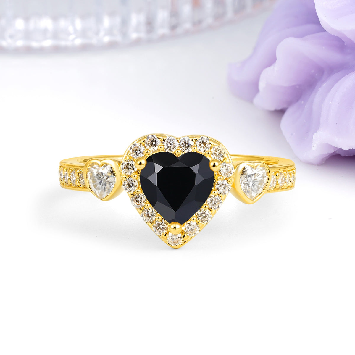 Luxurious 3 Prong Heart Cut Black Onyx Engagement Ring - Additional view