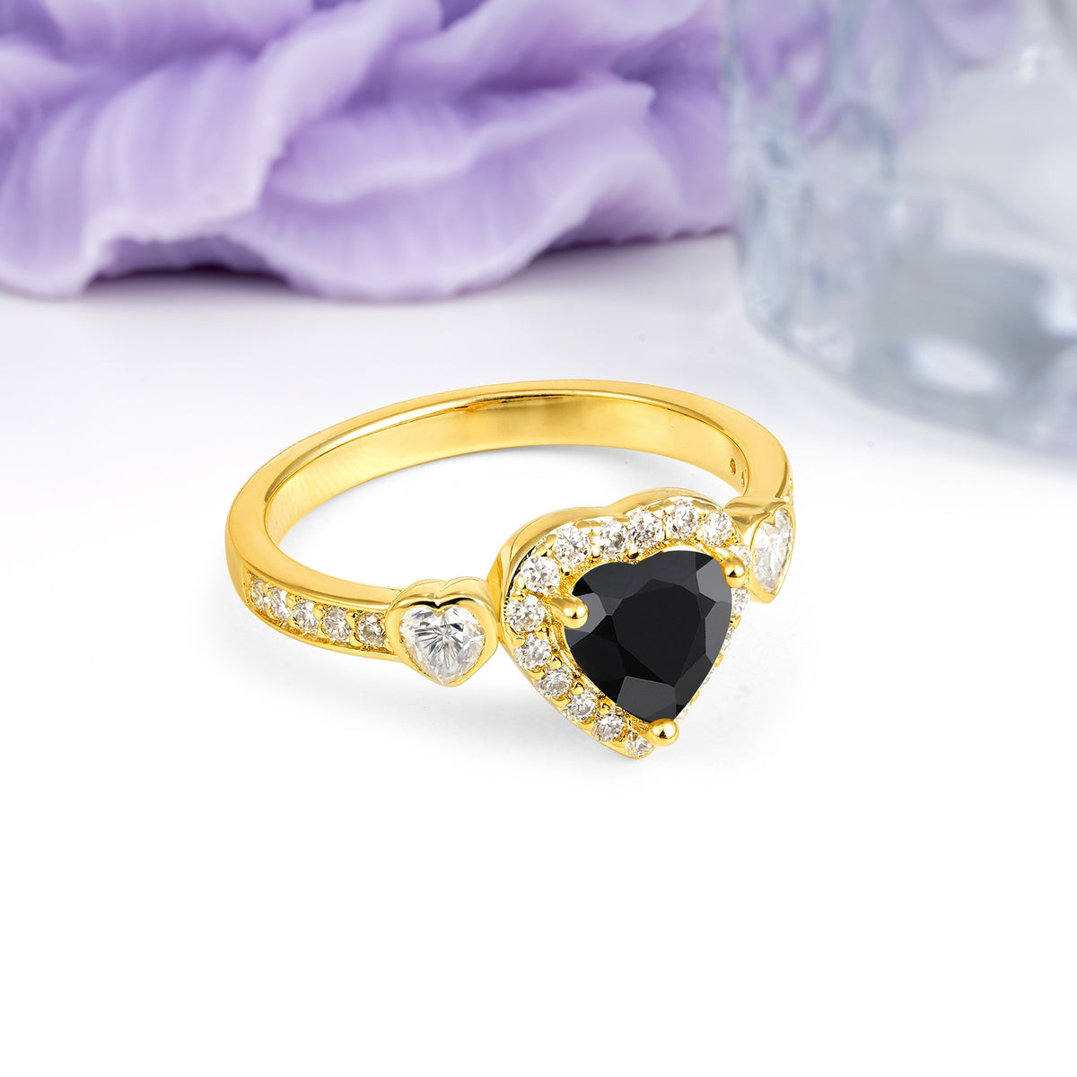 Luxurious 3 Prong Heart Cut Black Onyx Engagement Ring - Additional view