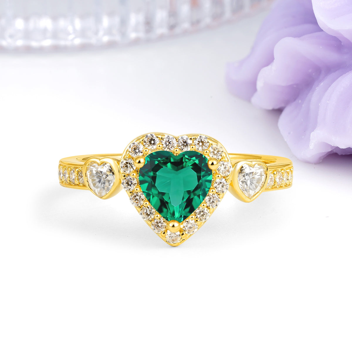 Luxurious 3 Prong Heart Cut Emerald Engagement Ring - Additional view